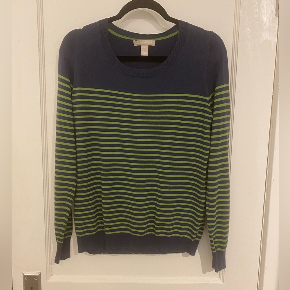 Banana Republic Navy and Green Crew Neck Long-sleeve Sweater Size M